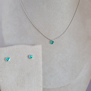 Conjunto Cordão Baiano Com Pingente Coração Verde Prata 2mm 45cm