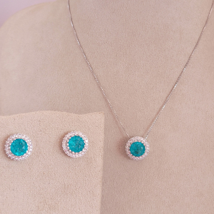 Conjunto Elo Veneziana Pedra Natural Azul Tiffany Cravejado Zircônia Ródio Branco 45cm + Extensor