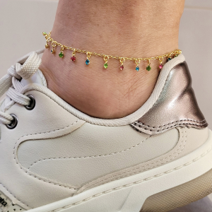 Tornozeleira Elo Oval Pontos de Luz Colorful Folheada A Ouro 23cm + Extensor