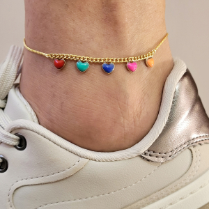 Tornozeleira Elo Veneziana Corações Resinados Coloridos Folheada A Ouro 22cm + Extensor