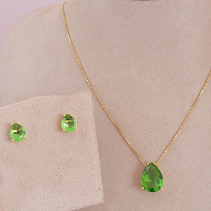 Conjunto Elo Veneziana Gota Verde Folheado A Ouro 60cm