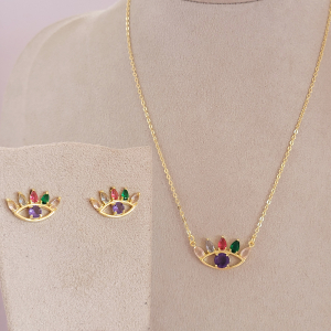 Conjunto Elo Oval Olho Grego Colorful Folheado A Ouro 45cm + Extensor