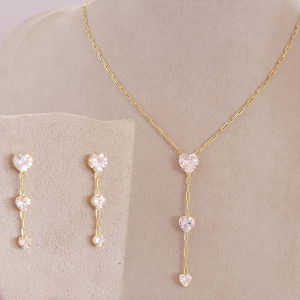 Conjunto Elo Cartie Corações Cristais Folheado A Ouro 45cm + Extensor