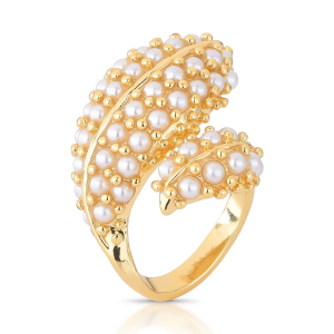 Anel Leaf Cravejado com Pérolas Shell Folheado A Ouro Ajustável