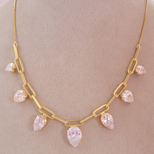 Conjunto Elo Veneziana Gotas Cristais Folheado A Ouro 40cm + Extensor