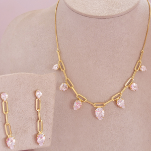 Conjunto Elo Veneziana Gotas Cristais Folheado A Ouro 40cm + Extensor