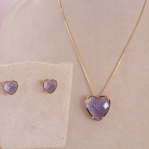 Conjunto Elo Veneziana Coração Lavanda Folheado A Ouro 45cm + Extensor