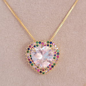 Conjunto Elo Veneziana Coração Cristal Cravejado Microzircônia Colorida Folheado A Ouro 45cm