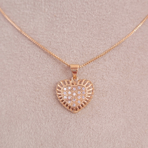 Conjunto Elo Veneziana Coração Cravejado Microzircônia Folheado Ouro Rose 45cm + Extensor