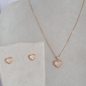 Conjunto Elo Veneziana Coração Cravejado Microzircônia Folheado Ouro Rose 45cm + Extensor