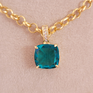 Colar Elo Português Azul Tiffany Folheado A Ouro 40cm