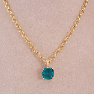 Colar Elo Português Azul Tiffany Folheado A Ouro 40cm