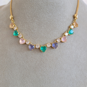 Corrente / Colar Bismark Com Corações Coloridos Com Extensor Verniz Italiano