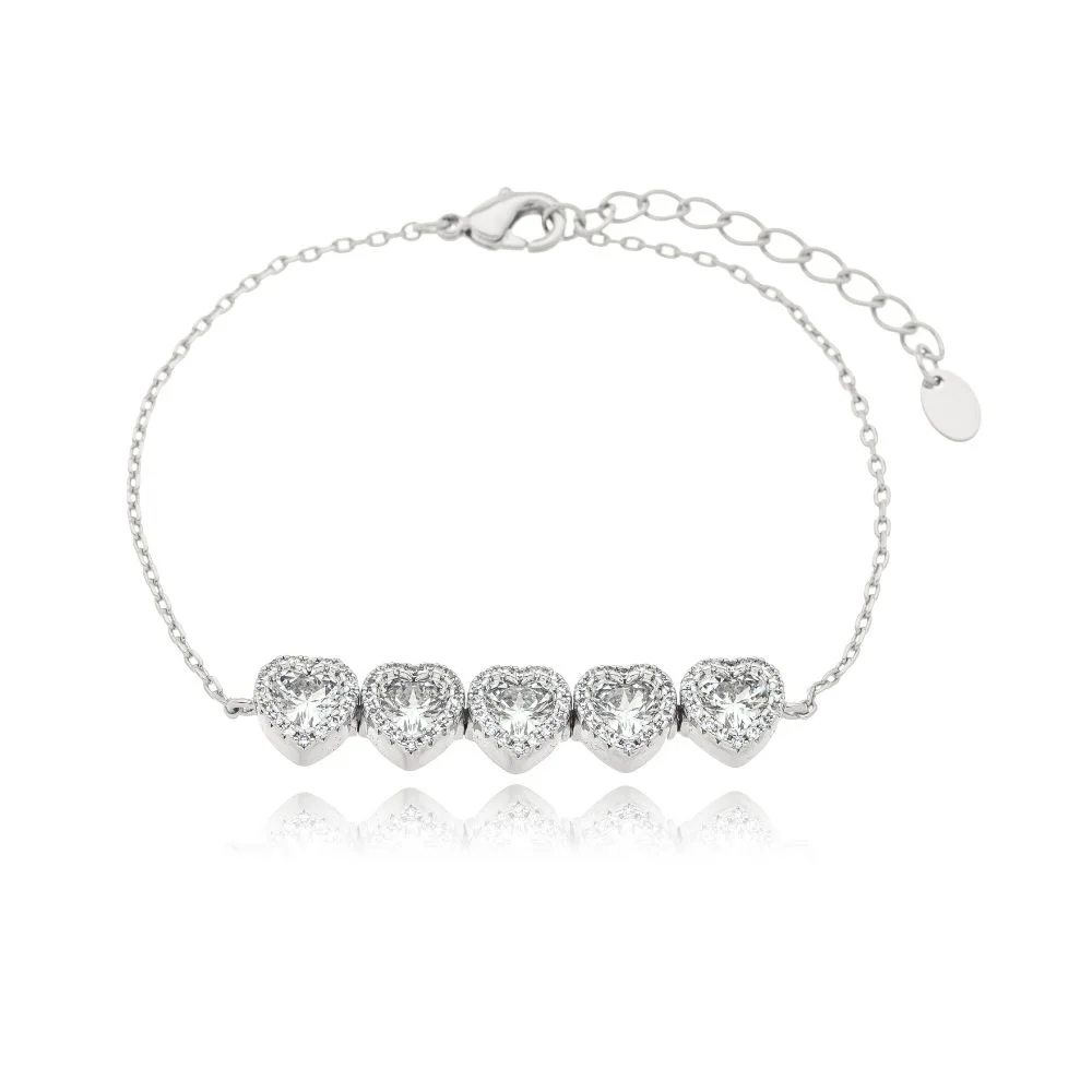 Pulseira Corações Plume Com Zircônia Ródio Branco 16cm + Extensor