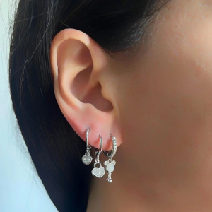 Trio Brinco Argola Classic Chave Zircônias Ródio Branco