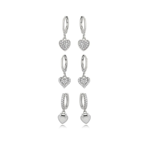 Trio Argola Classic Corações Zircônias Ródio Branco
