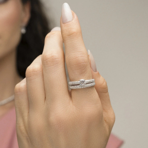 Anel Solitário + Aparador Cravejado Zircônia e Microzircônia Ródio Branco nº20