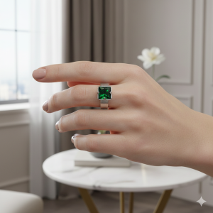 Anel Pedra Verde Ródio Branco Ajustável