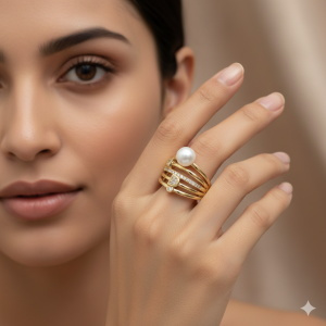 Anel Filetes e Pérola Cravejado Microzircônia Folheado A Ouro nº 18