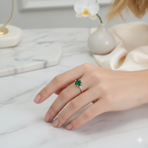 Anel Coração Verde Esmeralda Prata nº 20