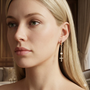 Brinco Argola Cravejado Micro Zircônia Com Crucifixo e Pérola Folheado A Ouro