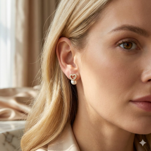 Brinco Coração Vazado Cravejado Micro zircônia Com Tarraxa Pérola Folheado A Ouro