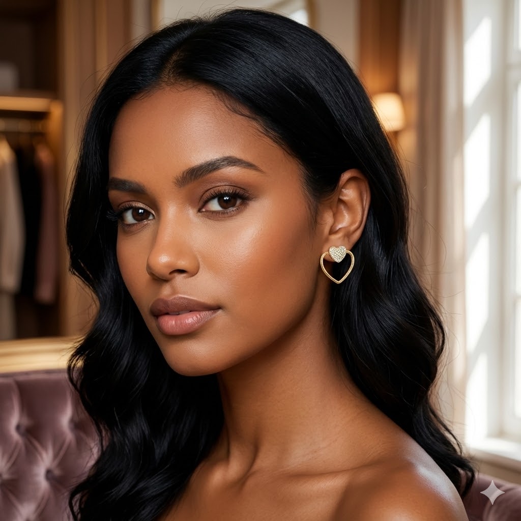 Brinco Coração Vazado Com Coração Cravejado Microzircônia Folheado A Ouro