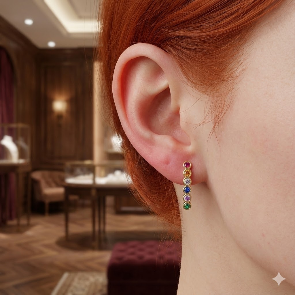 Brinco Palito Cravejado Micro Zircônia Colorido Folheado A Ouro