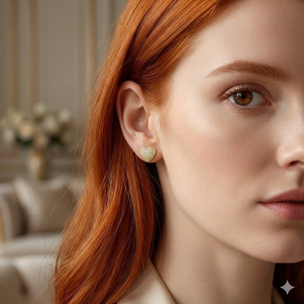 Brinco Coração Cravejado Micro Zircônia Folheado A Ouro M