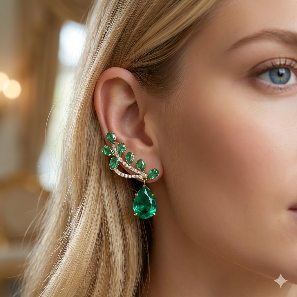 Brinco Ear Cuff Luxúria Verde Turmalina Folheado A Ouro