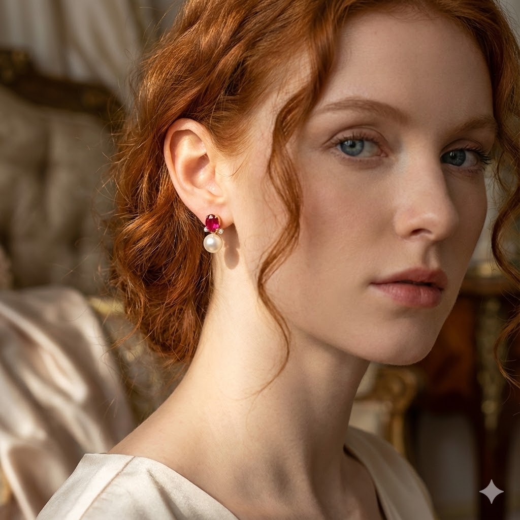 Brinco Oval Com Pérola e Rubelita Folheado A Ouro