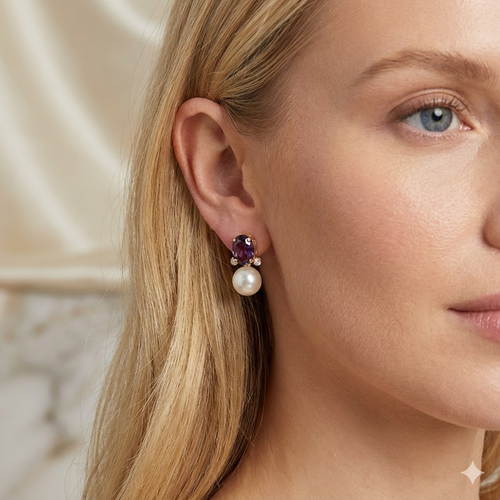 Brinco Oval Com Pérola e Lavanda Folheado A Ouro