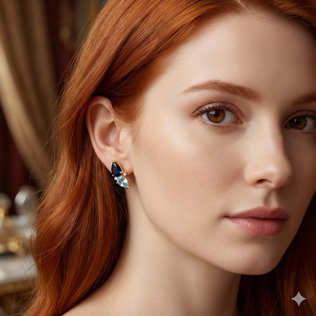 Brinco Gota Boêmio Azul Marinho e Azul Bebê Folheado A Ouro