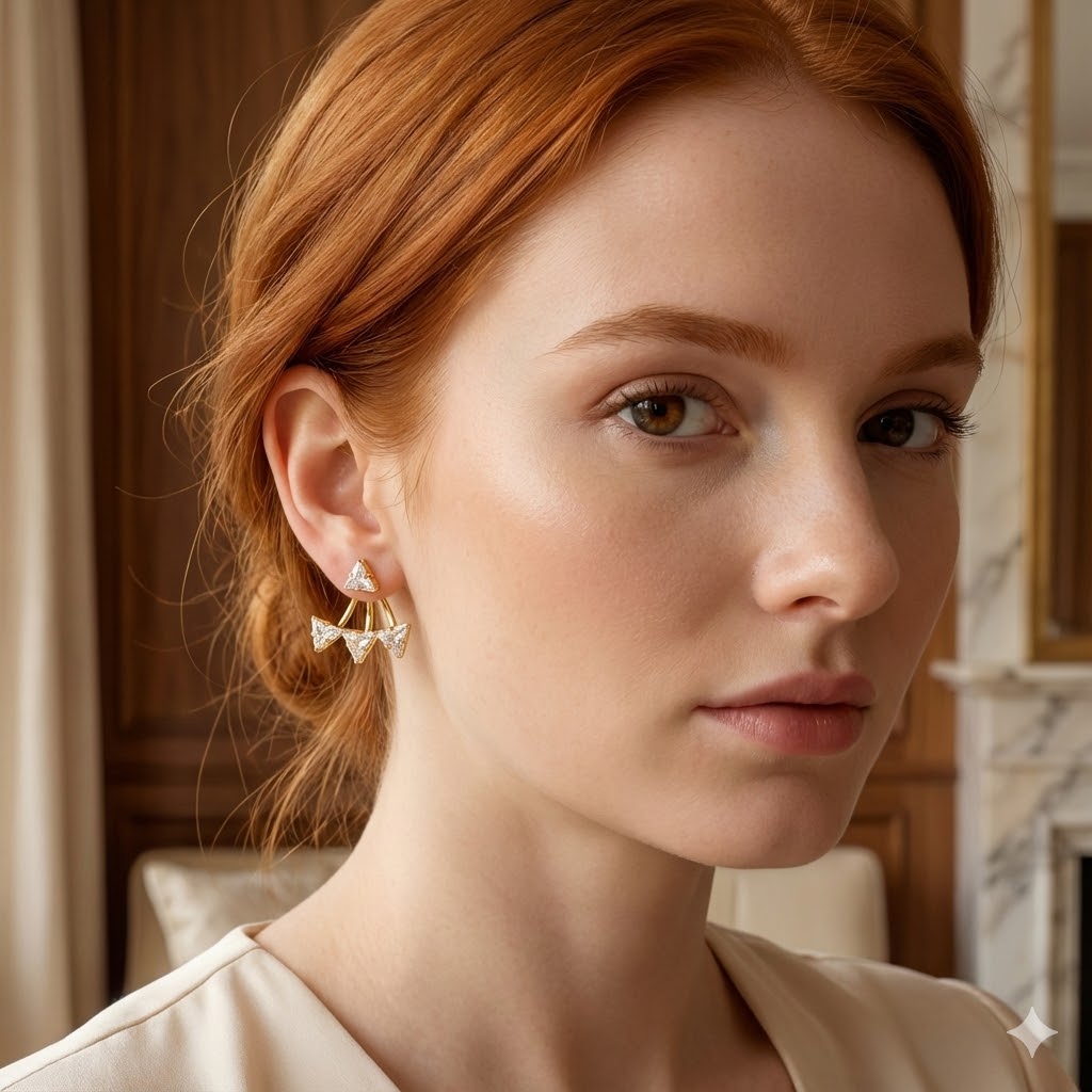 Brinco 2 em 1 Triângulo Folheado A Ouro