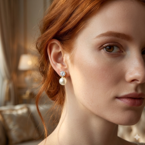 Brinco Ponto de Luz Com Pérola Folheado A Ouro G