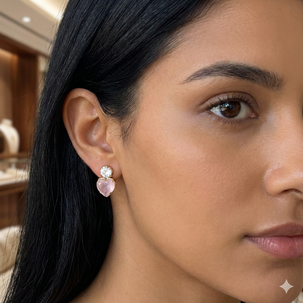 Brinco Ponto de Luz Com Coração Rosa Bebê Folheado A Ouro