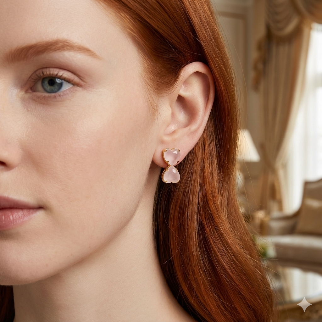 Brinco Coração Duplo Pedra Fusion Rosa Bebê Folheado A Ouro