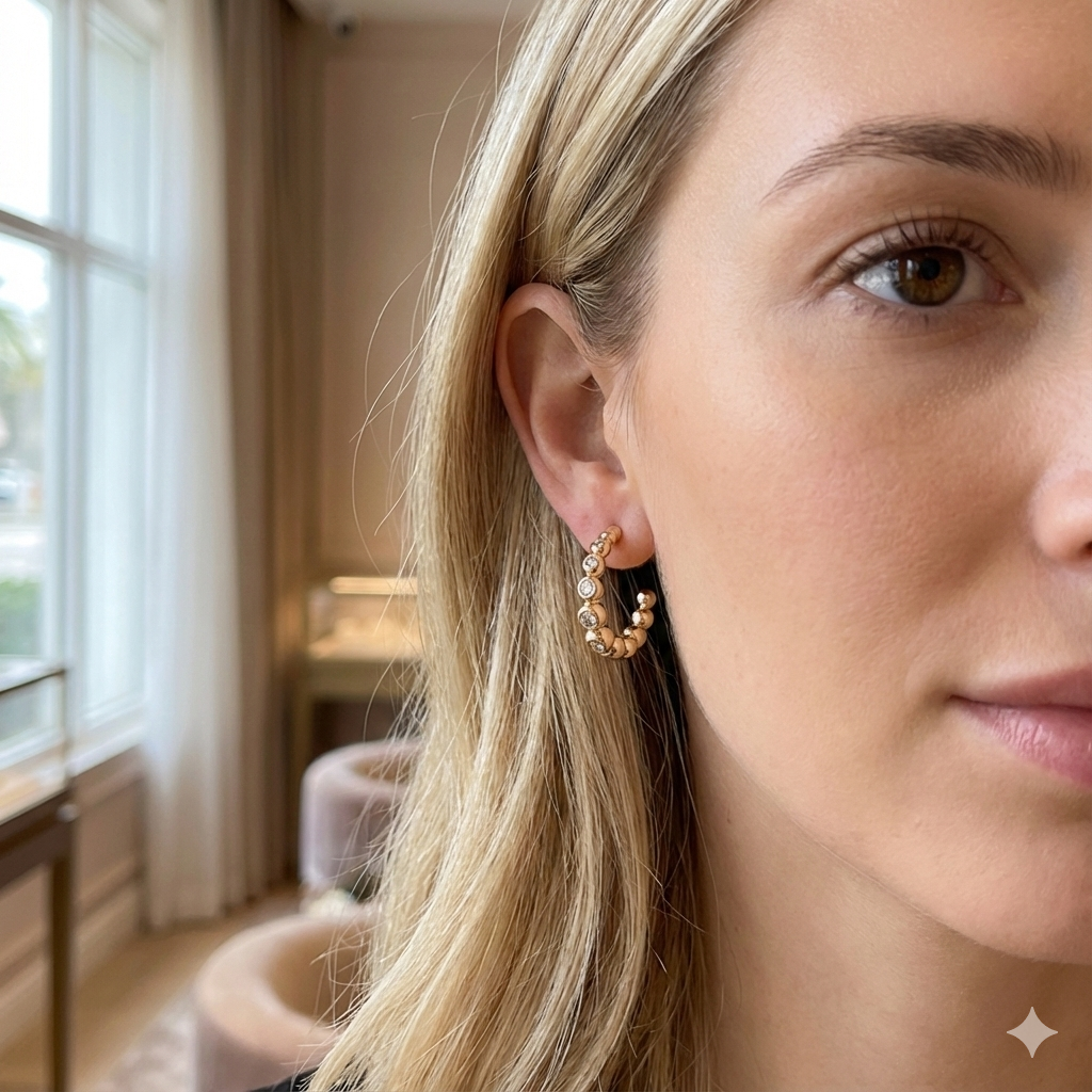 Brinco Meia Argola Bolinha Cravação Inglesa Folheado A Ouro