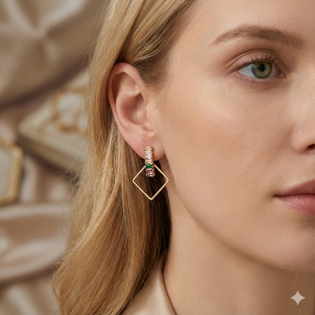 Brinco Triângulo Cravejado Zircônia Navete Colorido Folheado A Ouro