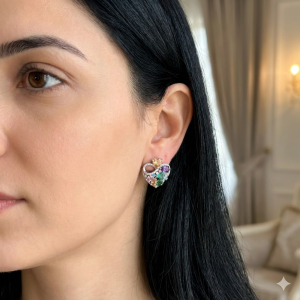 Brinco Coração Cravejado Micro Zircônia Colorida Prata