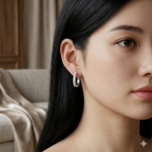 Brinco Argola Oval Com Filetes Cravejado Micro Zircônia Ródio Branco