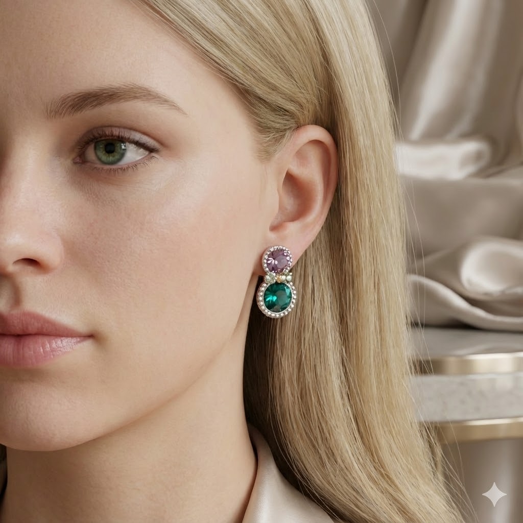 Brinco Gordo e Magro Rosa e Verde Turquesa Ródio Branco 1,5cm