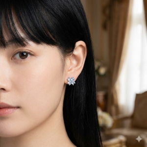 Brinco Trevo Único Cravação com Zircônia Azul Bebê Ródio Branco G