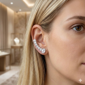 Brinco Earcuff Oval Cristal Ródio Branco