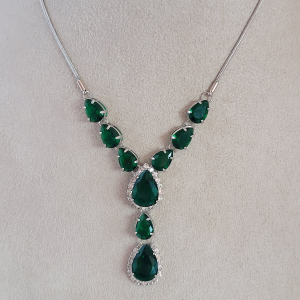 Colar Elo Rabo de Gato Dulce Maria Verde Esmeralda Ródio Branco 40cm + Extensor