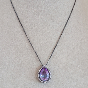 Conjunto Elo Veneziana Gota Zircônia Lavanda Cravejado Microzircônia Ródio Negro 40cm + Extensor