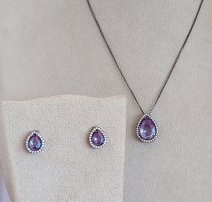 Conjunto Elo Veneziana Gota Zircônia Lavanda Cravejado Microzircônia Ródio Negro 40cm + Extensor