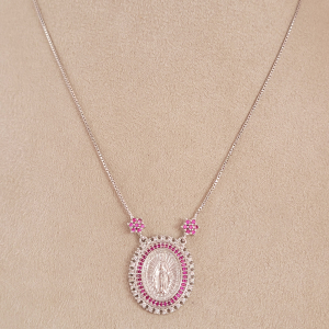 Colar Elo Veneziana Nossa Senhora Das Graças Microzircônia Ródio Branco 40cm + Extensor