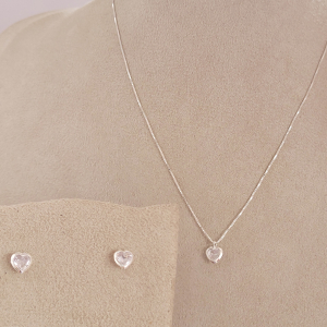 Conjunto Elo Veneziana Com Pingente Coração Cristal Prata 1mm 45cm