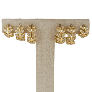 Trio Brinco Argola Folhas Cravejado Microzircônia Folheado A Ouro